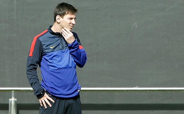 O atacante argentino Lionel Messi durante um treino do Barcelona na Espanha