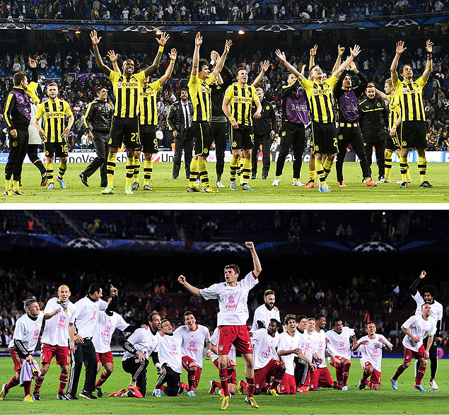 Jogadores do Borussia Dortmund (acima) e do Bayern de Munique festejam classificao  final da Copa dos Campees