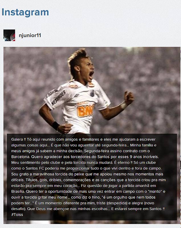 O texto que Neymar publicou, em maio de 2013, confirmando a sua transferncia para o Barcelona