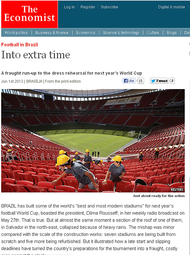 Reproduo da capa do site do Economist com a matria sobre as obras dos estdios para a Copa das Confederaes e o Mundial-14 no Brasil