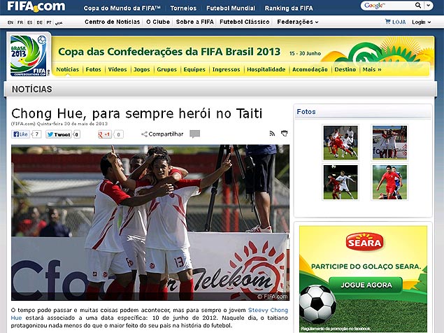 Chong Hue  destaque no site da Fifa; foto mostra comemorao do gol do Taiti na Copa das Naes da Oceania