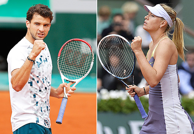 Em montagem, Grigor Dimitrov e Maria Sharapova comemoram pontos em Roland Garros
