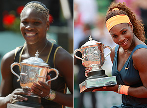 Serena Williams campe em Roland Garros em 2002 (esq.) e 2013