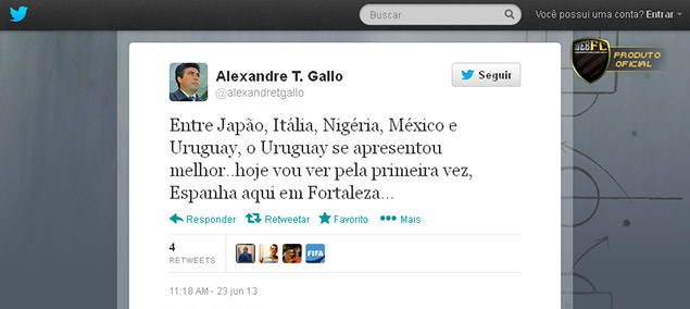Mensagem publicada no Twitter de Gallo antes de Espanha x Nigria