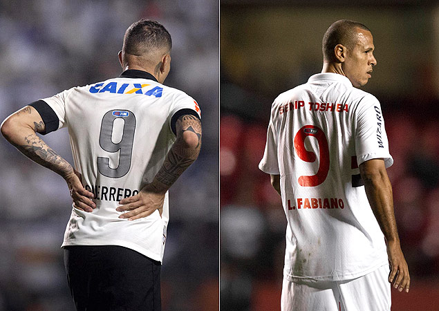 Fotomontagem com Guerrero, do Corinthians, e Luis Fabiano, do So Paulo, durante jogos