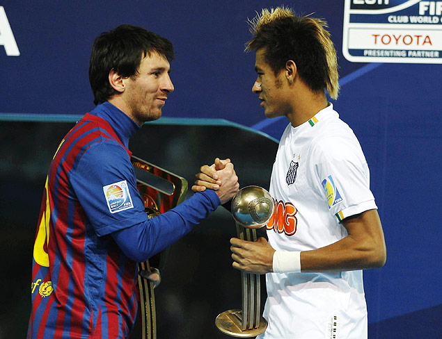 Messi e Neymar durante premiao do Mundial da Fifa em 2011