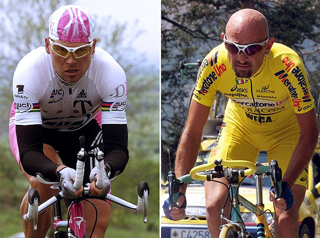 Os ciclistas alemo Jan Ullrich (esq.) e italiano Marco Pantani na disputa da Volta da Itlia