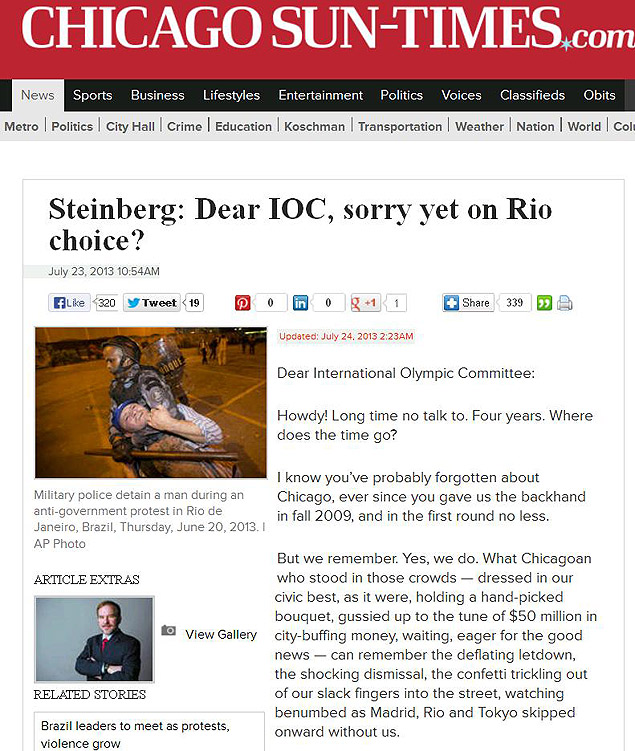 Reprodução da coluna de Neil Steinberg no site do jornal Chicago Sun-Times questionando se o COI se arrependeu da escolha feita pelo Rio