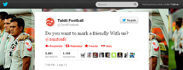 Publicação do Twitter oficial do Taiti convida Santos para amistoso