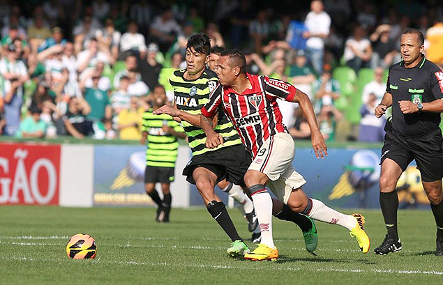 Luis Fabiano tenta escapar da marcao durante jogo entre So Paulo e Coritiba