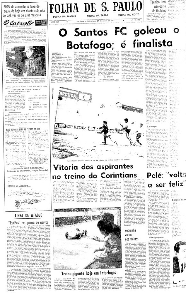 Reprodução da capa da Folha de 29 de agosto de 1963 sobre a goleada santista sobre o Botafogo