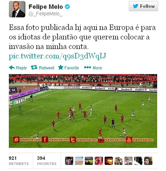 Felipe Melo postou imagem que mostra a torcida j pronta para invadir o campo enquanto a bola rolava