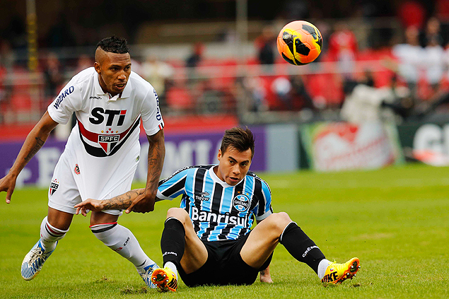 O so-paulino Paulo Miranda disputa bola com Vargas, do Grmio, no Morumbi
