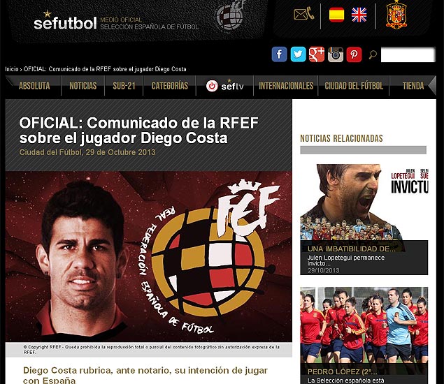 Reprodução da página da Federação Espanhola de Futebol com o comunicado sobre Diego Costa