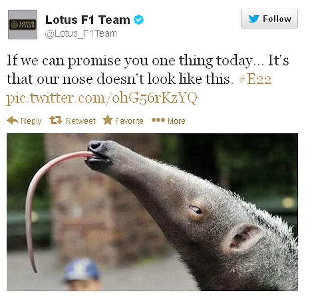 Lotus fez piada no Twitter ao falar que seu carro no teria um nariz de tamandu