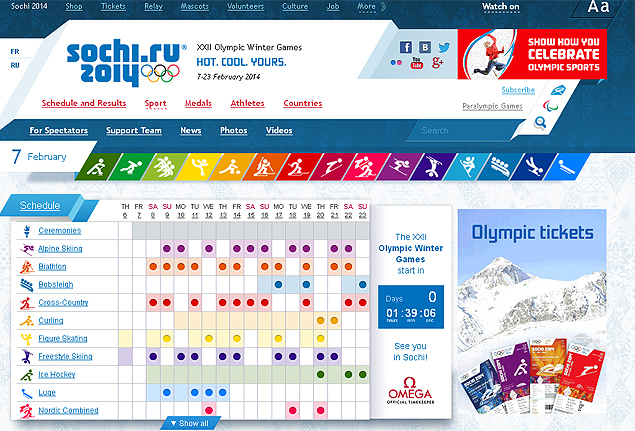 O site oficial dos Jogos de Sochi também foi alvo de polêmica pelo uso das cores