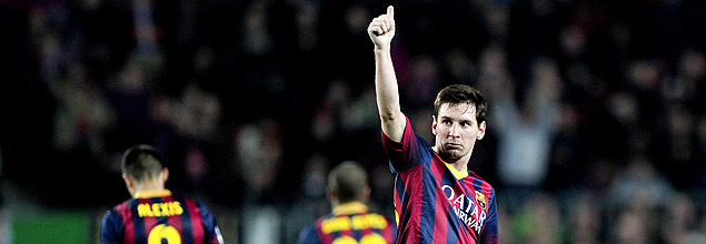 O atacante argentino Lionel Messi comemora gol do Barcelona sobre o Rayo Vallecano