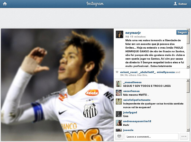 O atacante Neymar desabafa no Instagram, defende o pai e critica diretoria do Santos