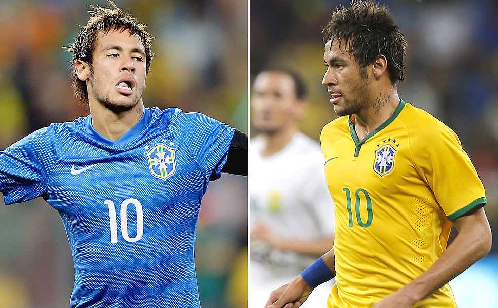 Neymar com a camisa (do segundo tempo) e com a amarela (usada na primeira etapa) do amistoso