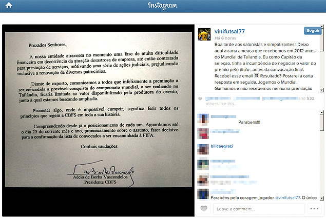 Reproduo da carta assinada pelo presidente da CBFS em rede social do ala Vinicius