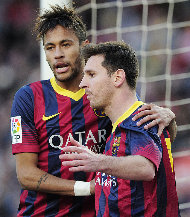 Messi e Neymar em partida pelo Barcelona no Campeonato Espanhol