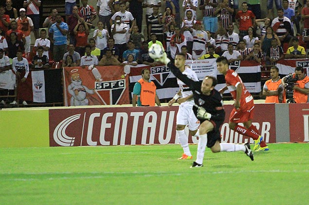 Rogrio Ceni lana a bola com a mo durante jogo entre So Paulo e CRB 