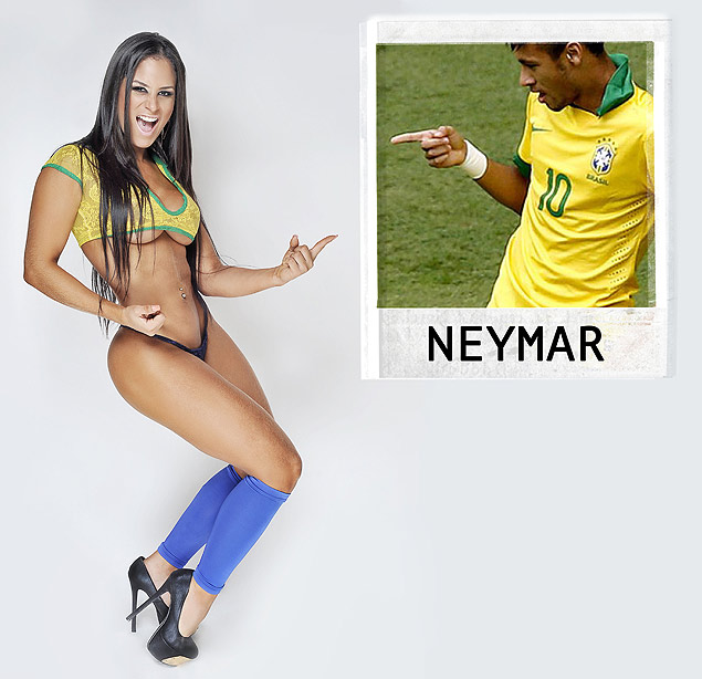 A modelo paraguaia Fabi Martinez posa para foto imitando comemorao de Neymar