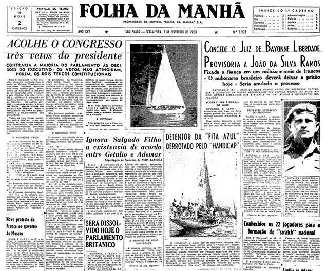 Capa da Folha da Manh de 3 de fevereiro de 1950, com a notcia da convocao da seleo
