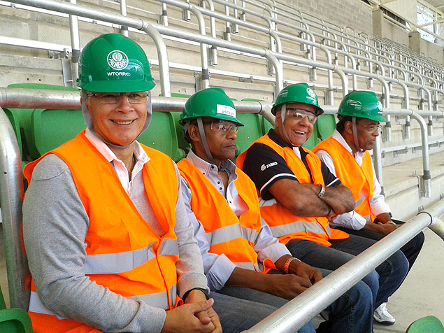 Leo, Edu, Csar e Nei, ex-jogadores do Palmeiras, no estdio do clube, o Allianz Parque. 