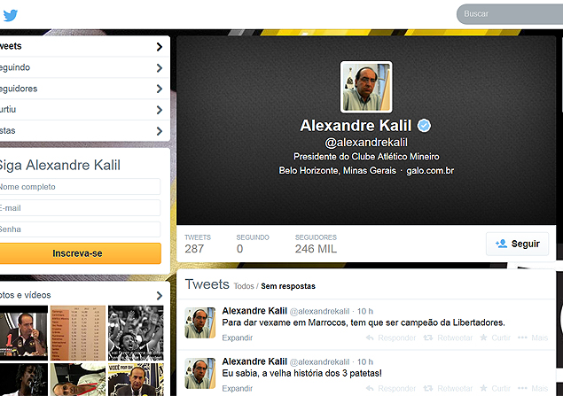 Reproduo do Twitter do presidente do Atltico-MG, Alexandre Kalil