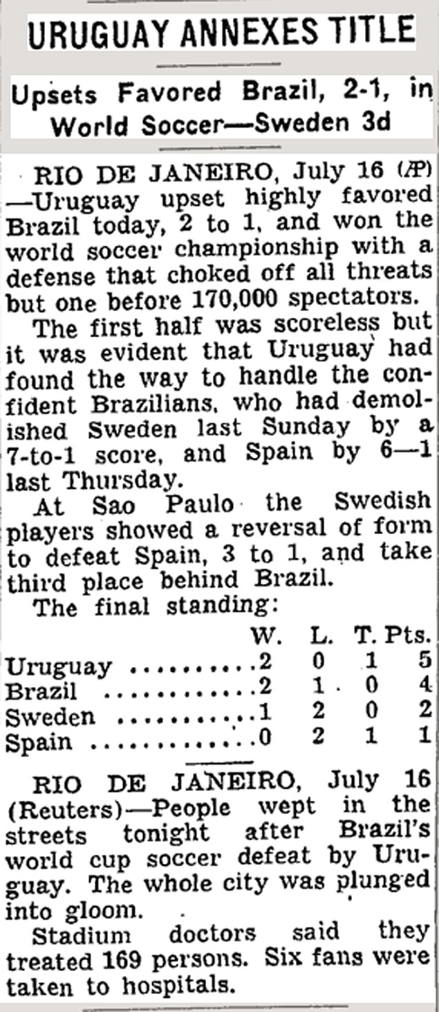 Notcia do 'New York Times' sobre a derrota do Brasil na Copa de 1950