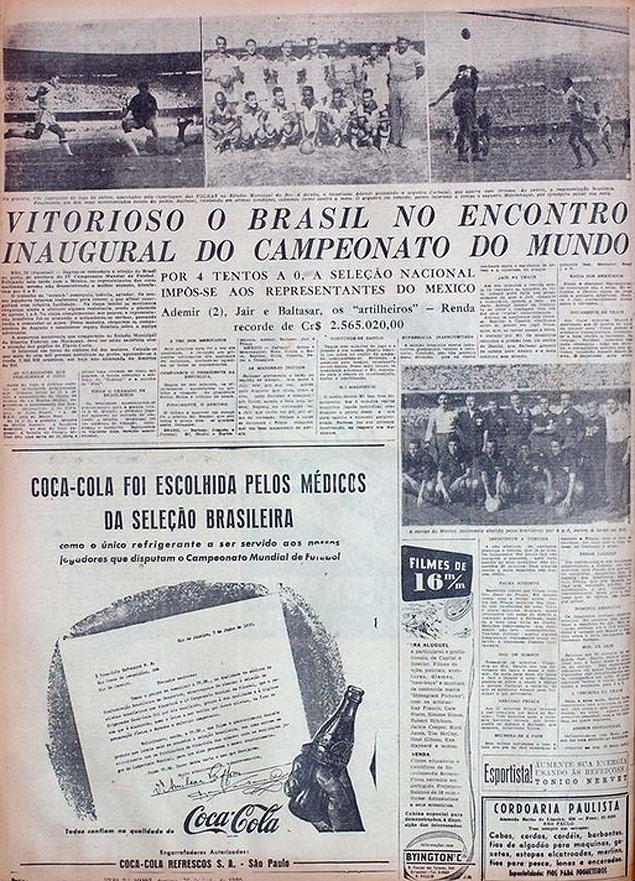 Anncio da Coca-Cola, que era patrocinadora da seleo brasileira em 1950, na Folha da Manh