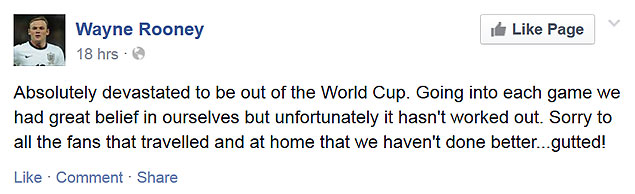 Wayne Rooney lamenta a sada precoce da Inglaterra na Copa do Mundo
