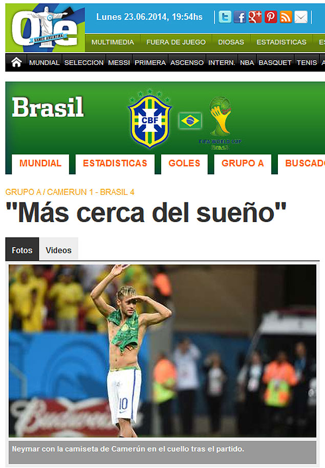 Matria no argentino "Ol", sobre a vitria do Brasil na partida contra Camares
