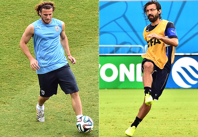 O uruguaio Diego Forlan e o italiano Andrea Pirlo em treinos