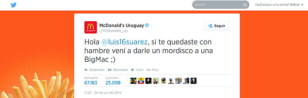 Reproduo da conta do McDonalds uruguaio convidando Luis Surez