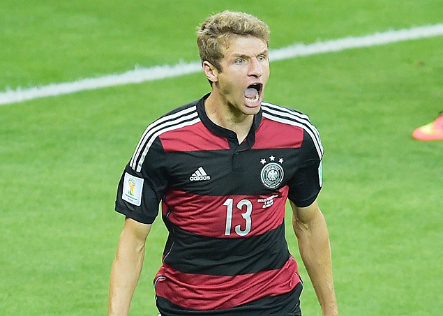 O atacante Thomas Müller comemora gol da Alemanha sobre o Brasil, no Mineirão
