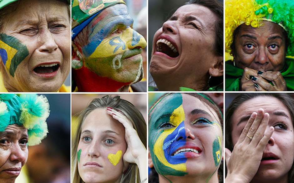 A fan of Brazil reacts during the semi-final football match between Brazil and Germany at The Mineirao Stadium in Belo Horizonte during the 2014 FIFA World Cup on July 8, 2014. AFP PHOTO / PATRIK STOLLARZ ORG XMIT: 2220... A fan of Brazil reacts while watching a broadcast of the 2014 World Cup semi-final against Germany at the Fan Fest in Brasilia, July 8, 2014. REUTERS/Ueslei Marcelino (BRAZIL - Tags: SOCCER SPORT WORLD CUP) ORG XMIT: BSB05 .A Brazilian soccer fan cries as she watches her team get beat during a live telecast of the semi-finals World Cup soccer match between Brazil and Germany, in Belo Horizonte, Brazil, Tuesday, July 08, 2014. (AP Photo/Bruno Magalhaes) ORG XMIT: XBM126 ..A fan of Brazil reacts while watching a broadcast of the 2014 World Cup semi-final against Germany at the Fan Fest in Brasilia, July 8, 2014. REUTERS/Ueslei Marcelino (BRAZIL - Tags: SOCCER SPORT WORLD CUP) ORG XMIT: BSB04;;;; A fan of Brazil watches his team lose to Germany in a semi-final match at the FIFA Fan Fest during the 2014 soccer World Cup, in Sao Paulo, Brazil, Tuesday, July 8, 2014. (AP Photo/Dario Lopez-Mills) ORG XMIT: BRDL112 ///A fan of Brazil cries at the Fan Fest public viewing event in Sao Paulo, Brazil, as she watches the FIFA World Cup semi-final football match between Brazil and Germany on July 8, 2014. AFP PHOTO/Miguel SCHINCARIOL ORG XMIT: MVD702.;. A fan of Brazil cries at the Fan Fest public viewing event in Sao Paulo, Brazil, as she watches the FIFA World Cup semi-final football match between Brazil and Germany on July 8, 2014. AFP PHOTO/Miguel SCHINCARIOL ORG XMIT: MVD702 ..A fan of Brazil cries at the Fan Fest public viewing event in Sao Paulo, Brazil, as she watches the FIFA World Cup semi-final football match between Brazil and Germany on July 8, 2014. AFP PHOTO/Miguel SCHINCARIOL ORG XMIT: MVD700 .A fan of Brazil watches his team lose to Germany in a semi-final match at the FIFA Fan Fest during the 2014 soccer World Cup, in Sao Paulo, Brazil, Tuesday, July 8, 2014. (AP Photo/Dario Lopez-Mills) ORG XMIT: BRDL113 .IO DE JANEIRO - RJ - BRASIL - 08.07.2014 - Torcedores sofrem com a vitria parcial da Alemanha sobre o Brasil por 5 a 0, na Fifa Fan Fest, Copacabana zona sul da cidade. ( Foto: Fabio Teixeira / Folhapress / FSP ESPORTE) *** EXCLUSIVO FOLHA*** 