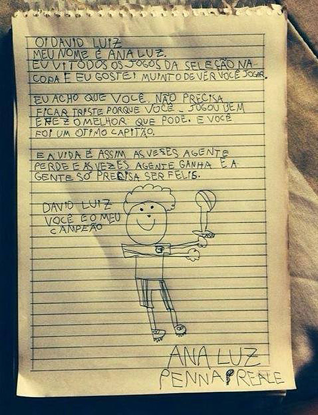 F de nove anos escreveu carta para o jogador David Luiz, do Brasil