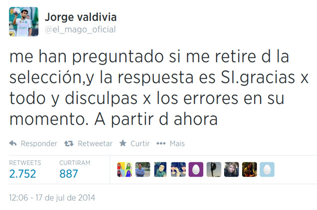 O atacante Jorge Valdvia anuncia aposentadoria da seleo chilena pelo Twitter