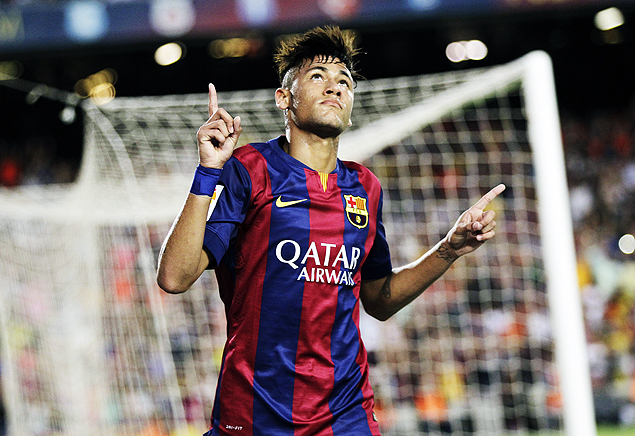 Neymar comemora gol na vitria por 6 a 0 do Barcelona sobre o Len (MEX)