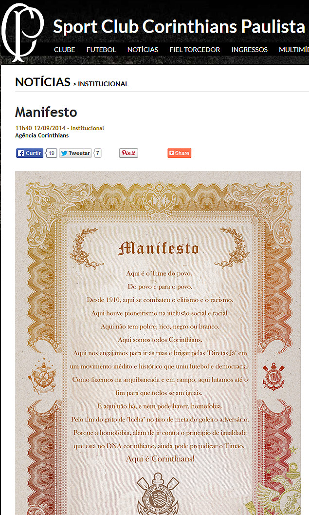 Corinthians publica manifesto