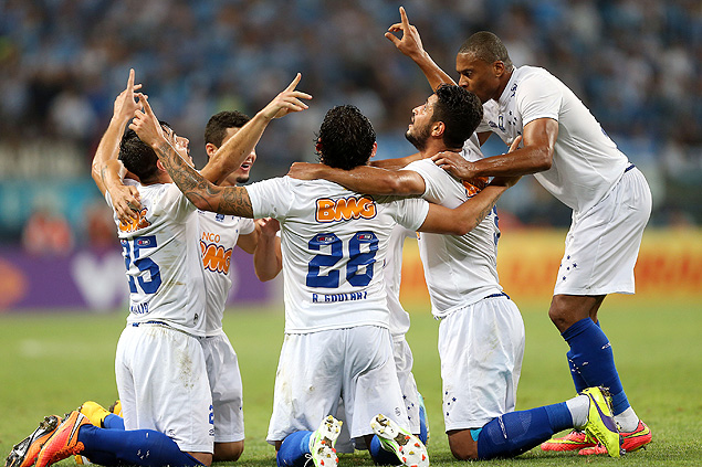 Jogadores do Cruzeiro aglomeram-se para comemorar gol sobre o Grmio