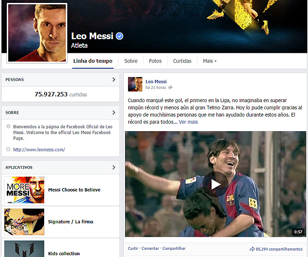 Postagem do Messi no Facebook comemorando seu recorde