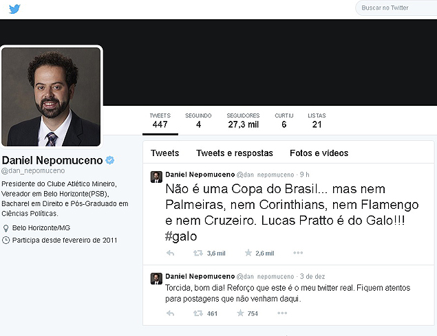 Twitter do presidente do Atltico-MG, Daniel Nepomuceno