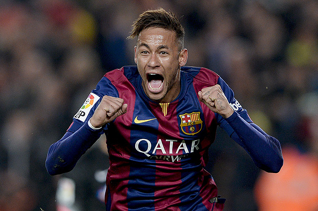 O atacante Neymar comemora gol para o Barcelona sobre o Atltico de Madri