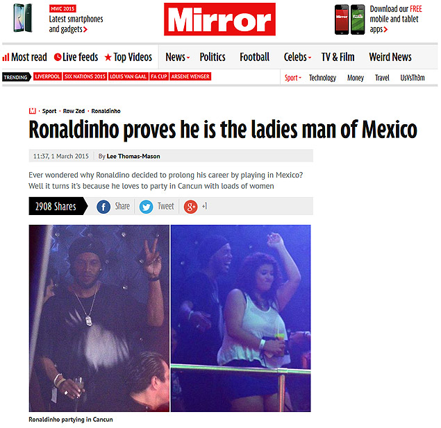 Fotos de Ronaldinho na noite de Canc�n publicadas pelo jornal The Mirror