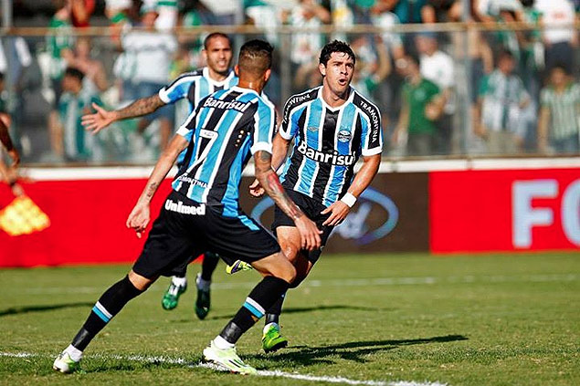 O atacante Giuliano comemora o nico gol da vitria do Grmio sobre o Juventude