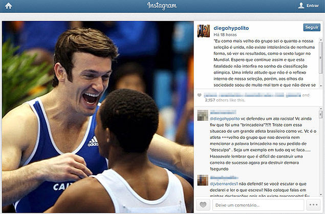 Em rede social, Diego Hypolito fala sobre declarações racistas do ginasta Arthur Nory