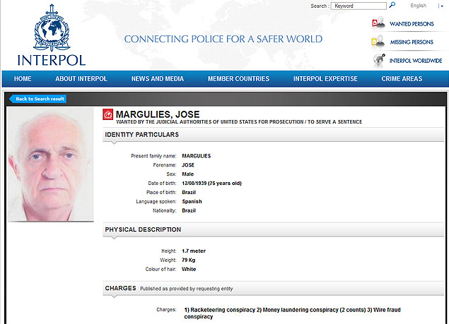 Ficha de José Margulies na página de procurados da Interpol